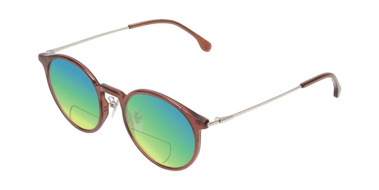 Profile View of Lozza SL4207M Designer Polarized Reading Sunglasses with Custom Cut Powered Green Mirror Lenses in Crystal Brown Unisex Round Full Rim Acetate 50 mm