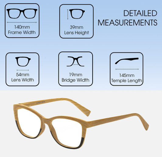 Dimensions and Measurements Illustration of Elton John Ambient Unisex Cat Eye Full Rim Designer Reading Glasses in Wood Stripe Black Fade 54mm