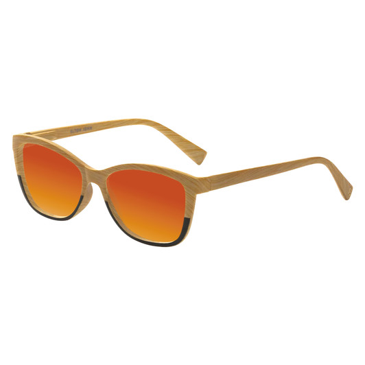 Profile View of Elton John Ambient Designer Polarized Sunglasses with Custom Cut Red Mirror Lenses in Wood Stripe Black Fade Unisex Cat Eye Full Rim Acetate 54 mm