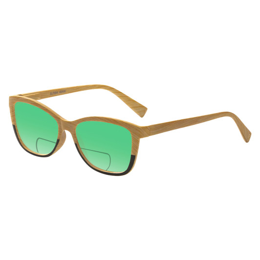 Profile View of Elton John Ambient Designer Polarized Reading Sunglasses with Custom Cut Powered Green Mirror Lenses in Wood Stripe Black Fade Unisex Cat Eye Full Rim Acetate 54 mm