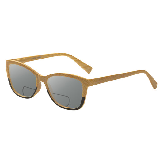Profile View of Elton John Ambient Designer Polarized Reading Sunglasses with Custom Cut Powered Smoke Grey Lenses in Wood Stripe Black Fade Unisex Cat Eye Full Rim Acetate 54 mm