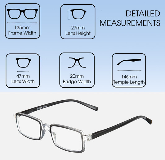 Dimensions and Measurements Illustration of Elton John Bullet Unisex Rectangular Full Rim Designer Reading Glasses in Black Crystal 47mm