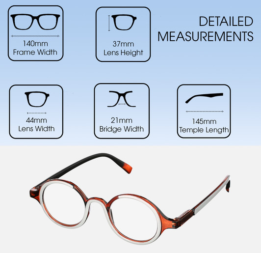 Dimensions and Measurements Illustration of Elton John Mash Up Designer Bi-Focal Prescription Rx Eyeglasses in Red Crystal Unisex Round Full Rim Acetate 44 mm