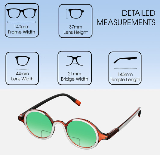Dimensions and Measurements Illustration of Elton John Mash Up Designer Polarized Reading Sunglasses with Custom Cut Powered Green Mirror Lenses in Red Crystal Unisex Round Full Rim Acetate 44 mm