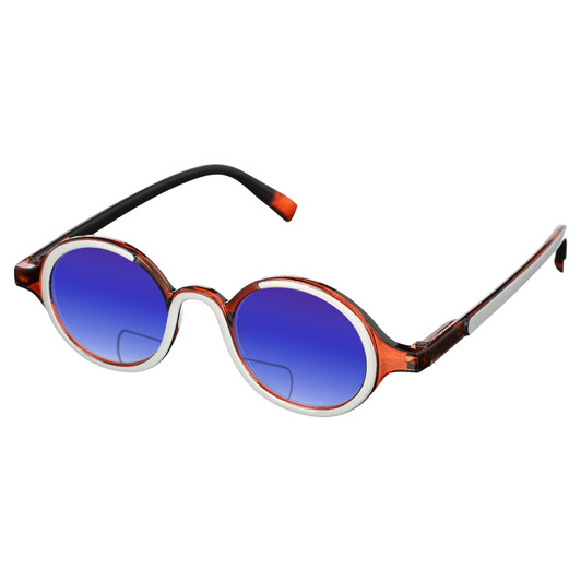 Profile View of Elton John Mash Up Designer Polarized Reading Sunglasses with Custom Cut Powered Blue Mirror Lenses in Red Crystal Unisex Round Full Rim Acetate 44 mm