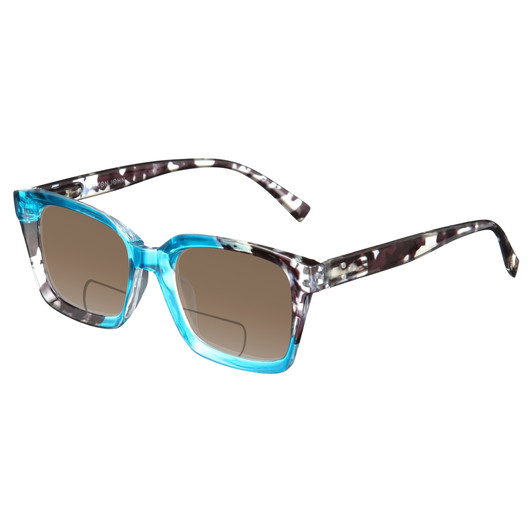 Profile View of Elton John Remix 1 Designer Polarized Reading Sunglasses with Custom Cut Powered Amber Brown Lenses in Sapphire Blue Marble Black White Unisex Round Full Rim Acetate 49 mm