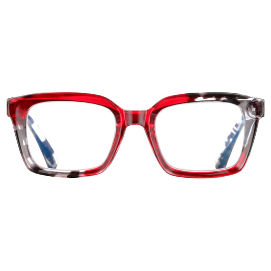 Front View of Elton John Remix 2 Designer Single Vision Prescription Rx Eyeglasses in Ruby Red Marble Black White Unisex Round Full Rim Acetate 49 mm