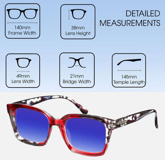Dimensions and Measurements Illustration of Elton John Remix 2 Designer Polarized Sunglasses with Custom Cut Blue Mirror Lenses in Ruby Red Marble Black White Unisex Round Full Rim Acetate 49 mm