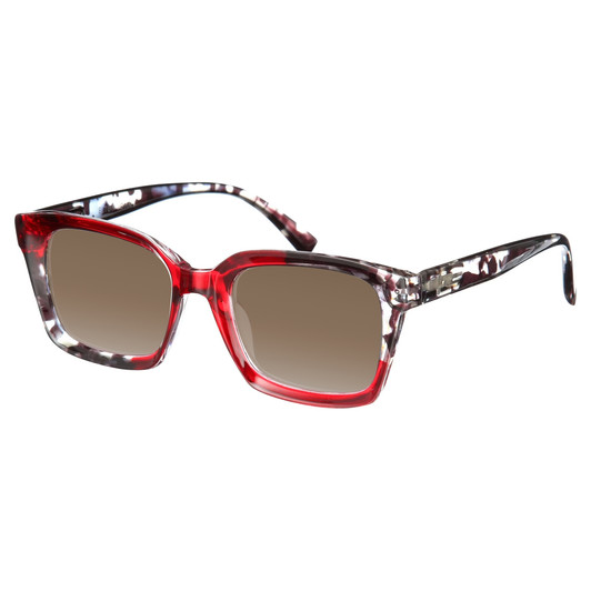 Profile View of Elton John Remix 2 Designer Polarized Sunglasses with Custom Cut Amber Brown Lenses in Ruby Red Marble Black White Unisex Round Full Rim Acetate 49 mm