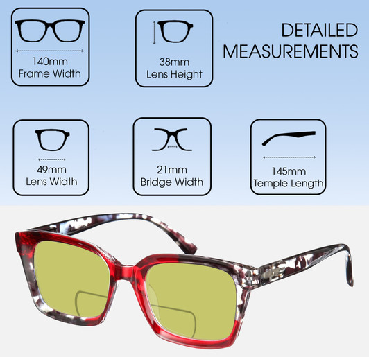 Dimensions and Measurements Illustration of Elton John Remix 2 Designer Polarized Reading Sunglasses with Custom Cut Powered Sun Flower Yellow Lenses in Ruby Red Marble Black White Unisex Round Full Rim Acetate 49 mm