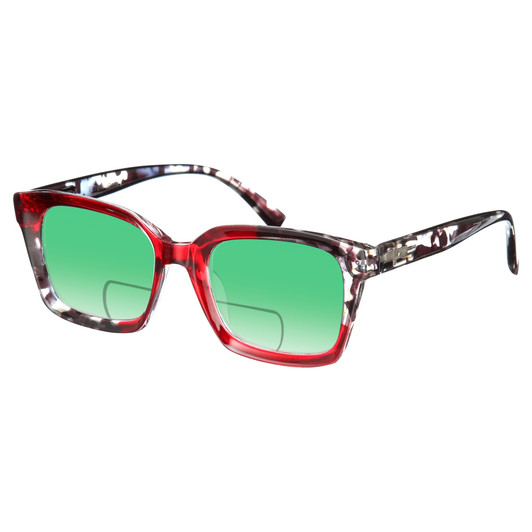 Profile View of Elton John Remix 2 Designer Polarized Reading Sunglasses with Custom Cut Powered Green Mirror Lenses in Ruby Red Marble Black White Unisex Round Full Rim Acetate 49 mm