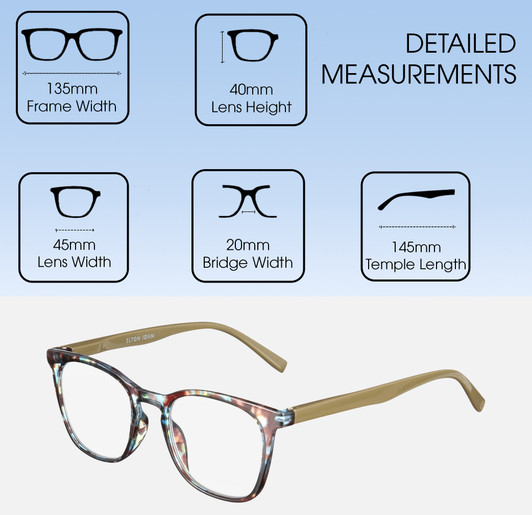 Dimensions and Measurements Illustration of Elton John Single 1 Designer Reading Eye Glasses with Custom Cut Powered Lenses in Multi Color Crystal Brown Blue Unisex Square Full Rim Acetate 45 mm