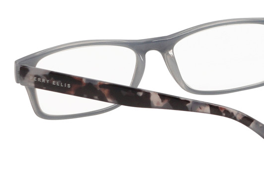 Close Up View of Perry Ellis PEBX44 Unisex Rectangular Full Rim Designer Reading Glasses in Gloss Black Marble 50mm