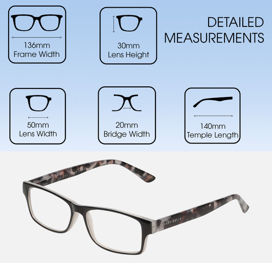 Dimensions and Measurements Illustration of Perry Ellis PEBX44 Designer Blue Light Blocking Eyeglasses in Gloss Black Marble Unisex Rectangular Full Rim Acetate 50 mm