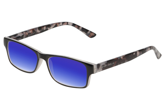Profile View of Perry Ellis PEBX44 Designer Polarized Sunglasses with Custom Cut Blue Mirror Lenses in Gloss Black Marble Unisex Rectangular Full Rim Acetate 50 mm