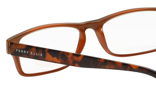 Close Up View of Perry Ellis PEBX44 Designer Reading Eye Glasses with Custom Cut Powered Lenses in Gloss Brown Marble Unisex Rectangular Full Rim Acetate 50 mm