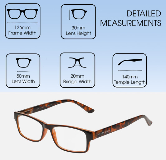 Dimensions and Measurements Illustration of Perry Ellis PEBX44 Designer Blue Light Blocking Eyeglasses in Gloss Brown Marble Unisex Rectangular Full Rim Acetate 50 mm
