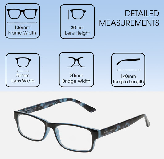 Dimensions and Measurements Illustration of Perry Ellis PEBX44 Designer Blue Light Blocking Eyeglasses in Gloss Navy Blue Marble Unisex Rectangular Full Rim Acetate 50 mm