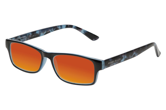 Profile View of Perry Ellis PEBX44 Designer Polarized Sunglasses with Custom Cut Red Mirror Lenses in Gloss Navy Blue Marble Unisex Rectangular Full Rim Acetate 50 mm