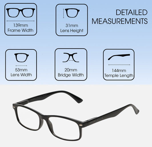 Dimensions and Measurements Illustration of Perry Ellis PEBX54 Unisex Rectangular Full Rim Designer Reading Glasses in Gloss Black Marble 53mm