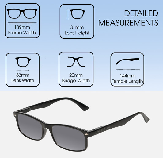 Dimensions and Measurements Illustration of Perry Ellis PEBX54 Designer Polarized Sunglasses with Custom Cut Smoke Grey Lenses in Gloss Black Marble Unisex Rectangular Full Rim Acetate 53 mm