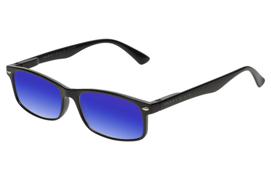 Profile View of Perry Ellis PEBX54 Designer Polarized Sunglasses with Custom Cut Blue Mirror Lenses in Gloss Black Marble Unisex Rectangular Full Rim Acetate 53 mm