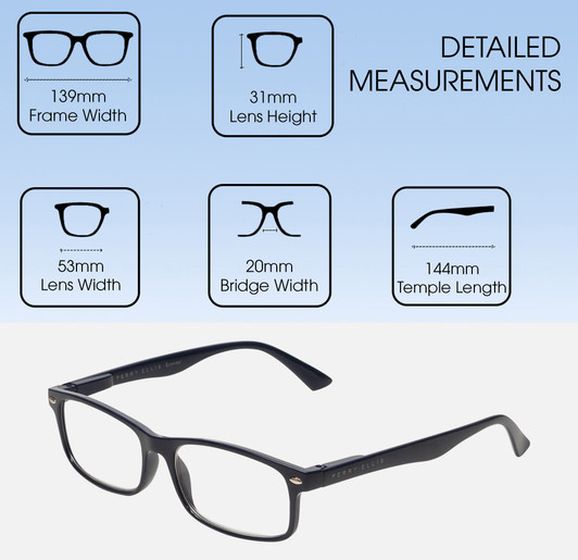 Dimensions and Measurements Illustration of Perry Ellis PEBX54 Unisex Rectangular Full Rim Designer Reading Glasses in Gloss Navy Blue Marble 53mm
