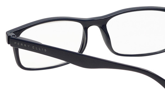 Close Up View of Perry Ellis PEBX54 Unisex Rectangular Full Rim Designer Reading Glasses in Gloss Navy Blue Marble 53mm