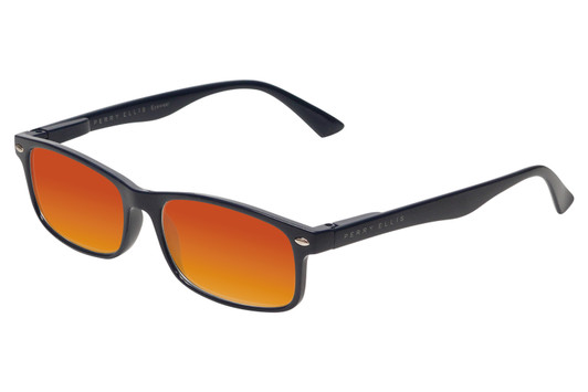 Profile View of Perry Ellis PEBX54 Designer Polarized Sunglasses with Custom Cut Red Mirror Lenses in Gloss Navy Blue Marble Unisex Rectangular Full Rim Acetate 53 mm
