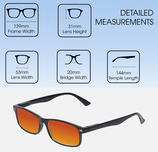 Dimensions and Measurements Illustration of Perry Ellis PEBX54 Designer Polarized Sunglasses with Custom Cut Red Mirror Lenses in Gloss Navy Blue Marble Unisex Rectangular Full Rim Acetate 53 mm