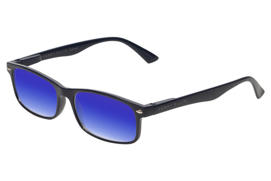Profile View of Perry Ellis PEBX54 Designer Polarized Sunglasses with Custom Cut Blue Mirror Lenses in Gloss Navy Blue Marble Unisex Rectangular Full Rim Acetate 53 mm