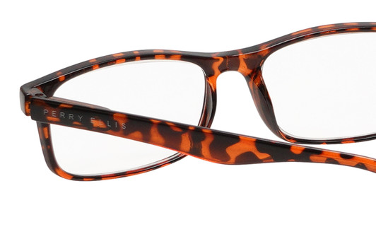 Close Up View of Perry Ellis PEBX54 Designer Single Vision Prescription Rx Eyeglasses in Gloss Tortoise Havana Marble Unisex Rectangular Full Rim Acetate 53 mm