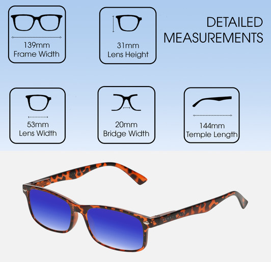 Dimensions and Measurements Illustration of Perry Ellis PEBX54 Designer Polarized Sunglasses with Custom Cut Blue Mirror Lenses in Gloss Tortoise Havana Marble Unisex Rectangular Full Rim Acetate 53 mm