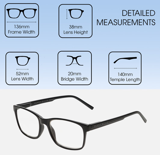 Dimensions and Measurements Illustration of Perry Ellis PEBX55 Designer Blue Light Blocking Eyeglasses in Gloss Black Marble Unisex Square Full Rim Acetate 52 mm