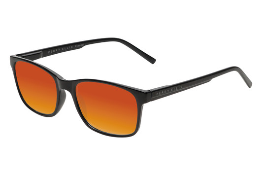 Profile View of Perry Ellis PEBX55 Designer Polarized Sunglasses with Custom Cut Red Mirror Lenses in Gloss Black Marble Unisex Square Full Rim Acetate 52 mm