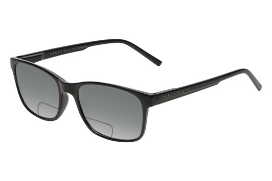 Profile View of Perry Ellis PEBX55 Designer Polarized Reading Sunglasses with Custom Cut Powered Smoke Grey Lenses in Gloss Black Marble Unisex Square Full Rim Acetate 52 mm