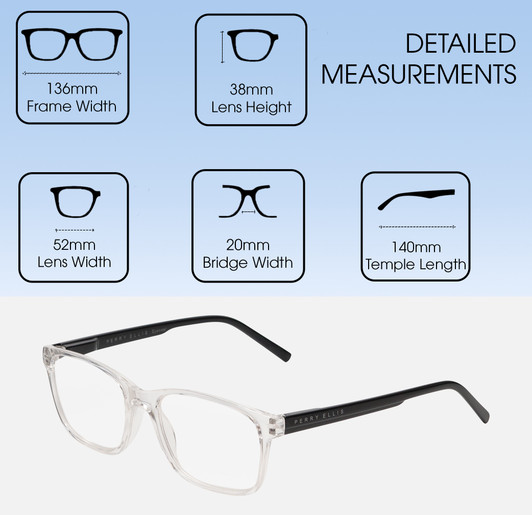 Dimensions and Measurements Illustration of Perry Ellis PEBX55 Unisex Square Full Rim Designer Reading Glasses in Gloss Crystal Clear Marble 52mm