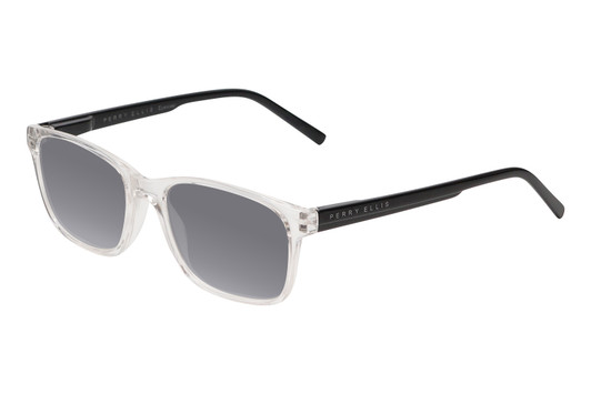 Profile View of Perry Ellis PEBX55 Designer Polarized Sunglasses with Custom Cut Smoke Grey Lenses in Gloss Crystal Clear Marble Unisex Square Full Rim Acetate 52 mm