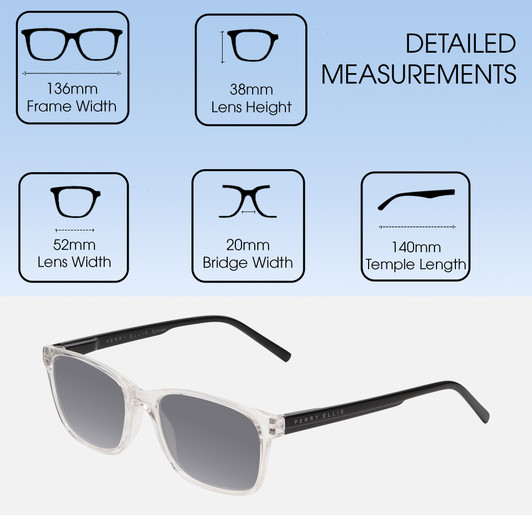 Dimensions and Measurements Illustration of Perry Ellis PEBX55 Designer Polarized Sunglasses with Custom Cut Smoke Grey Lenses in Gloss Crystal Clear Marble Unisex Square Full Rim Acetate 52 mm