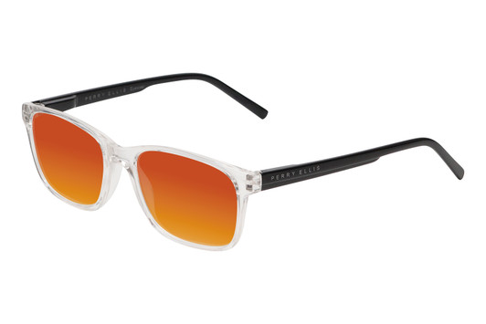 Profile View of Perry Ellis PEBX55 Designer Polarized Sunglasses with Custom Cut Red Mirror Lenses in Gloss Crystal Clear Marble Unisex Square Full Rim Acetate 52 mm