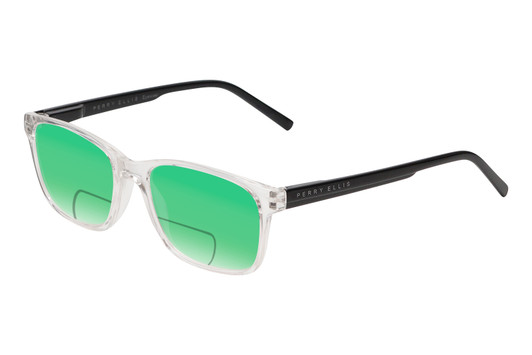 Profile View of Perry Ellis PEBX55 Designer Polarized Reading Sunglasses with Custom Cut Powered Green Mirror Lenses in Gloss Crystal Clear Marble Unisex Square Full Rim Acetate 52 mm