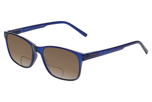 Profile View of Perry Ellis PEBX55 Designer Polarized Reading Sunglasses with Custom Cut Powered Amber Brown Lenses in Gloss Navy Blue Marble Unisex Square Full Rim Acetate 52 mm