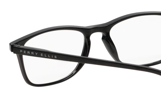 Close Up View of Perry Ellis PEBX57 Unisex Panthos Full Rim Designer Reading Glasses in Gloss Black Marble 50mm