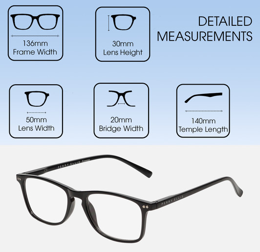 Dimensions and Measurements Illustration of Perry Ellis PEBX57 Designer Blue Light Blocking Eyeglasses in Gloss Black Marble Unisex Panthos Full Rim Acetate 50 mm