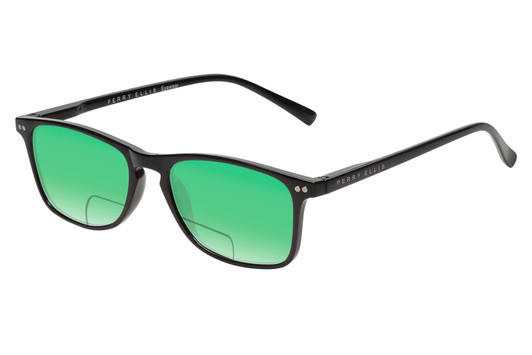 Profile View of Perry Ellis PEBX57 Designer Polarized Reading Sunglasses with Custom Cut Powered Green Mirror Lenses in Gloss Black Marble Unisex Panthos Full Rim Acetate 50 mm