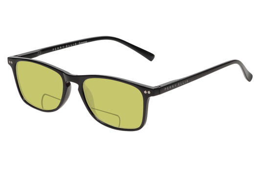 Profile View of Perry Ellis PEBX57 Designer Polarized Reading Sunglasses with Custom Cut Powered Sun Flower Yellow Lenses in Gloss Black Marble Unisex Panthos Full Rim Acetate 50 mm