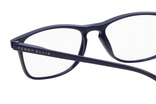 Close Up View of Perry Ellis PEBX57 Designer Bi-Focal Prescription Rx Eyeglasses in Gloss Navy Blue Marble Unisex Panthos Full Rim Acetate 50 mm