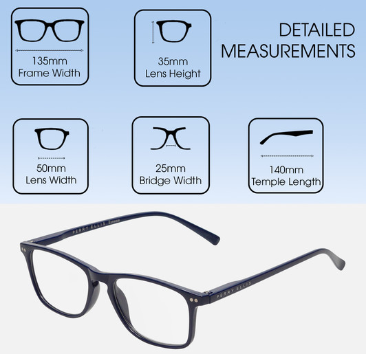Dimensions and Measurements Illustration of Perry Ellis PEBX57 Designer Blue Light Blocking Eyeglasses in Gloss Navy Blue Marble Unisex Panthos Full Rim Acetate 50 mm