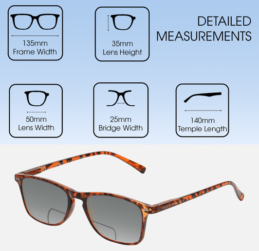 Dimensions and Measurements Illustration of Perry Ellis PEBX57 Designer Polarized Reading Sunglasses with Custom Cut Powered Smoke Grey Lenses in Gloss Tortoise Havana Marble Unisex Panthos Full Rim Acetate 50 mm
