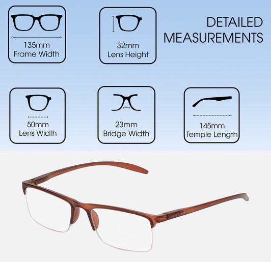 Dimensions and Measurements Illustration of Perry Ellis PEBX58 Unisex Rectangular Semi-Rimless Designer Reading Glasses in Gloss Dark Brown Marble 50mm